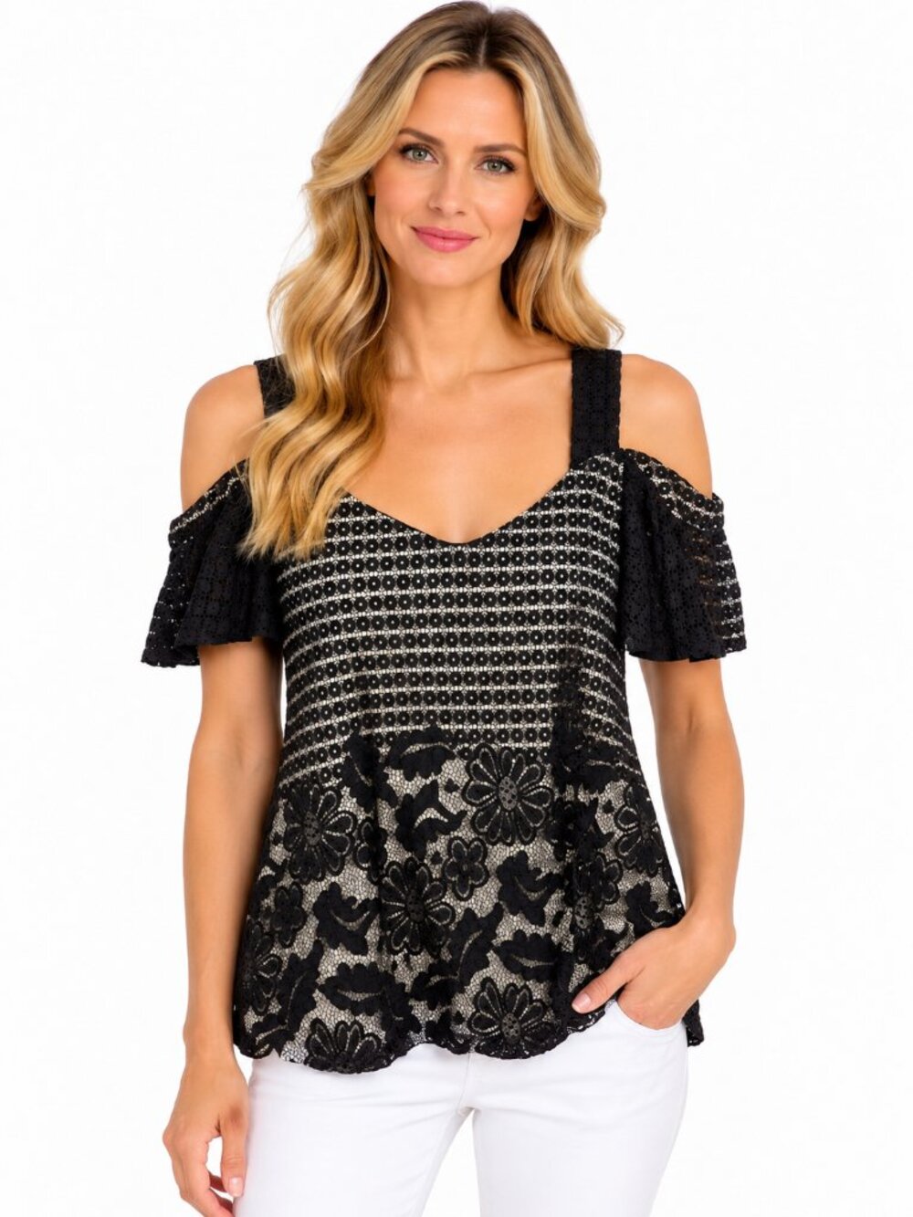 PerSeption Concept Black Lace Cold Shoulder Blouse Top Size Small